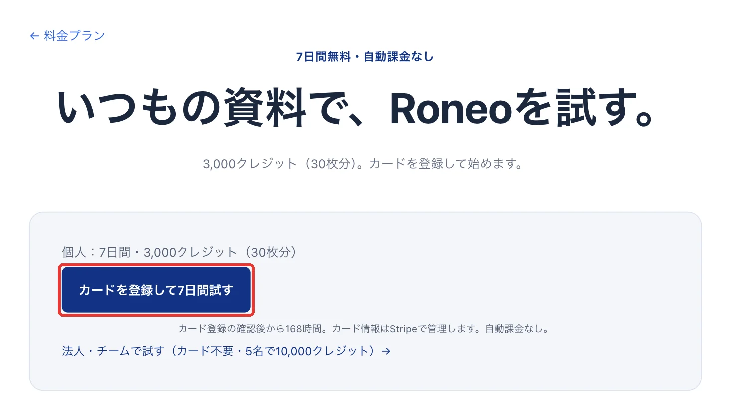 Roneoのトライアルのページ「いつもの資料で、Roneoを試す。」。「カードを登録して7日間試す」のボタンが赤い枠で囲まれ、下に「法人・チームで試す」の入口がある